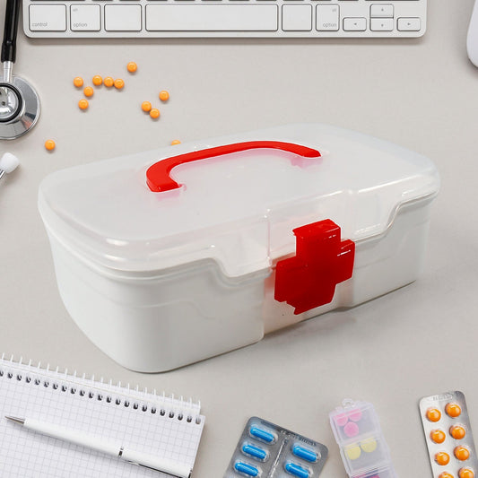 12980 3 Compartment Medical Box, 1 Piece, Indoor Outdoor Medical Utility, Medicine Storage Box, Detachable Tray Medical Box Multi Purpose Regular Medicine, First Aid Box with Handle, Transparent Lid & Color Box 