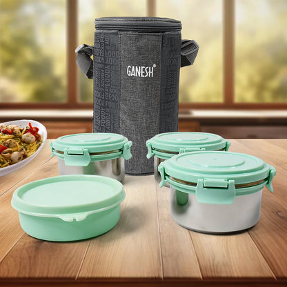 8717 Ganesh 4In1 Tiffin Box-Lunch Box | 3 Stainless Steel Containers 300 Ml Approx & Plastic Salad Container 200 Ml Approx| Plastic lid Box | Round Zip Bag | Leak Proof | Microwave Safe for Office, College and School for Men, Women 