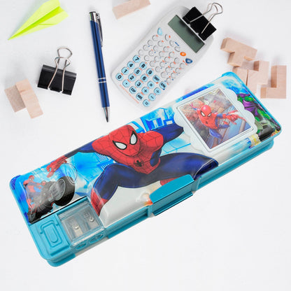 Art & Stationery Cartoon Multi-functional Geometry Box for Boys with Inbuilt Calculator, 2 Sides Open and Double Sharpener Stationery Kit Pencil Box for Boys Art Plastic Pencil Box  for Girls and Boys