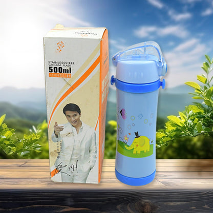 Stainless Steel Vacuum Flask Insulated Water Bottle Specially Designed Push Button Sipper Water Bottle with Soft Straw and Neck Strap, For Sports And Travel , STAINLESS STEEL SPORTS WATER BOTTLES, STEEL FRIDGE BOTTLE FOR OFFICE/GYM/SCHOOL (500ML)