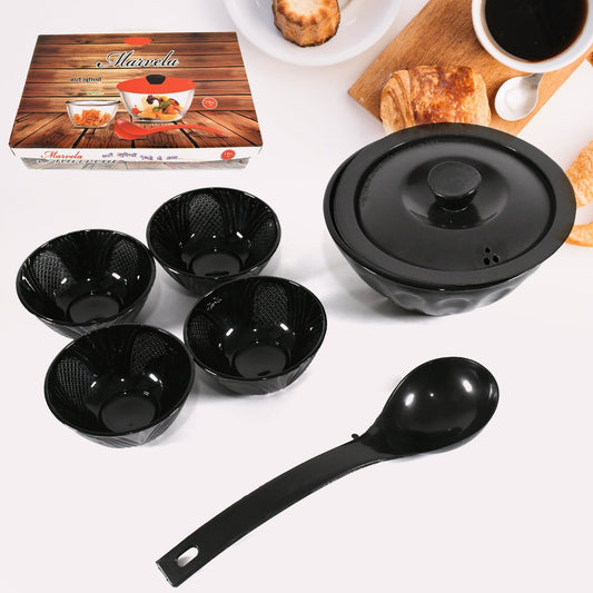 8238 Marvela High Quality Dinning Dinner / Pudding Set 4 pcs Ceramic Medium Bowls, 1 Pc Ceramic big Bowl With 1 Pc Plastic Lid and 1 Pc plastic Serving Spoon, Lightweight Microwave, and Dishwasher Safe (7 Pcs set)