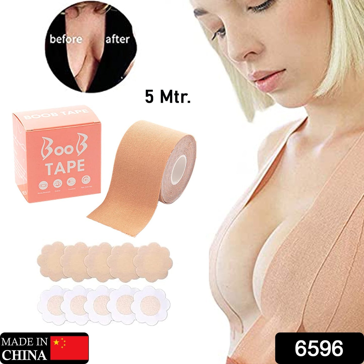 Boob Tape with 10 Pairs Nipple Cover Cotton Wide Thin Breast Tape - Women's & Girl's Breast Lift Booby Tape - Push Up & Lifting Tape - Suitable for All Breast Types - Breast Lift Bra Tape - Bob Tape for Natural Breast Lift (1 Pc 5 Meters)