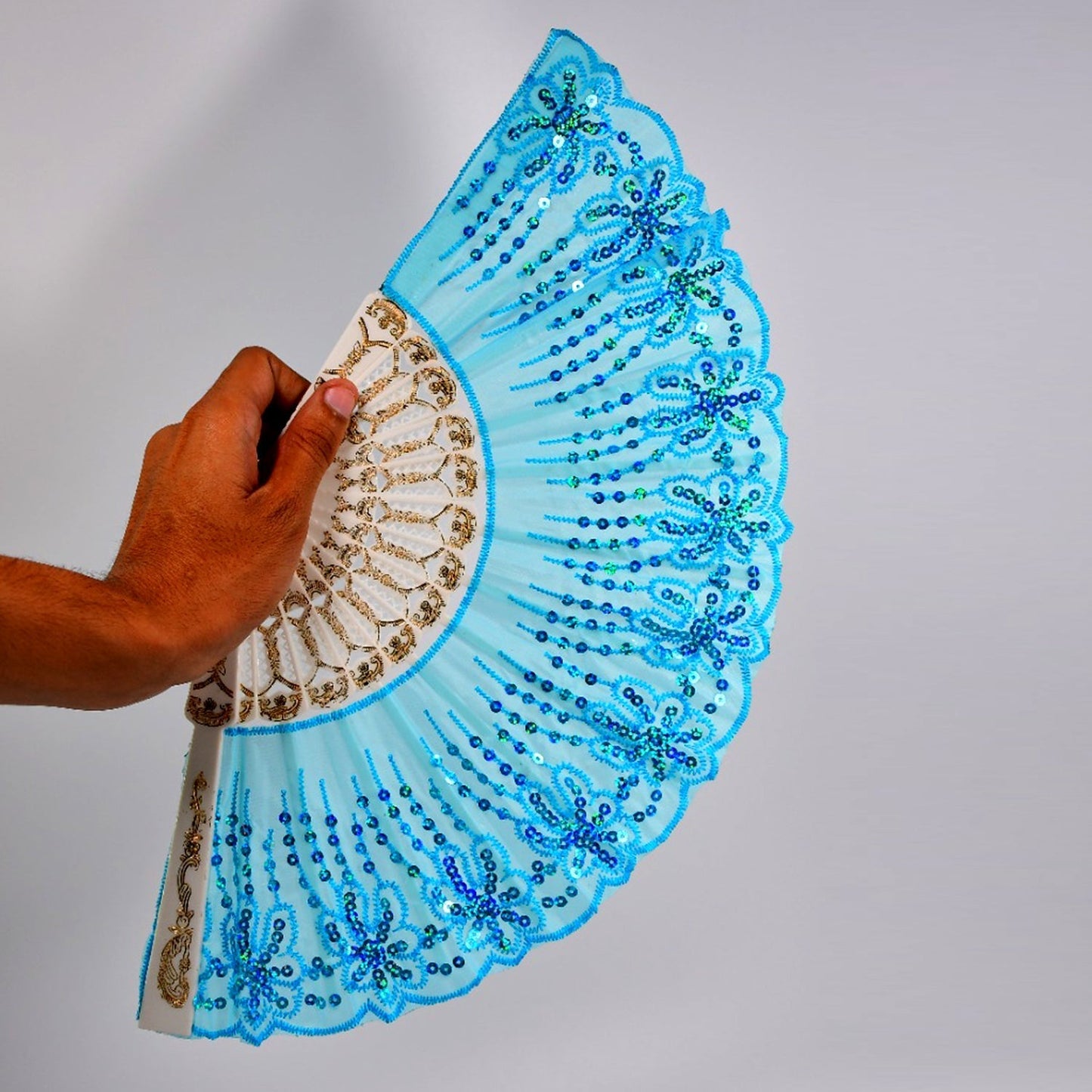 4930 Hand Folding Fan, Chinese Vintage Style Handheld Fan with Fabric Sleeve 