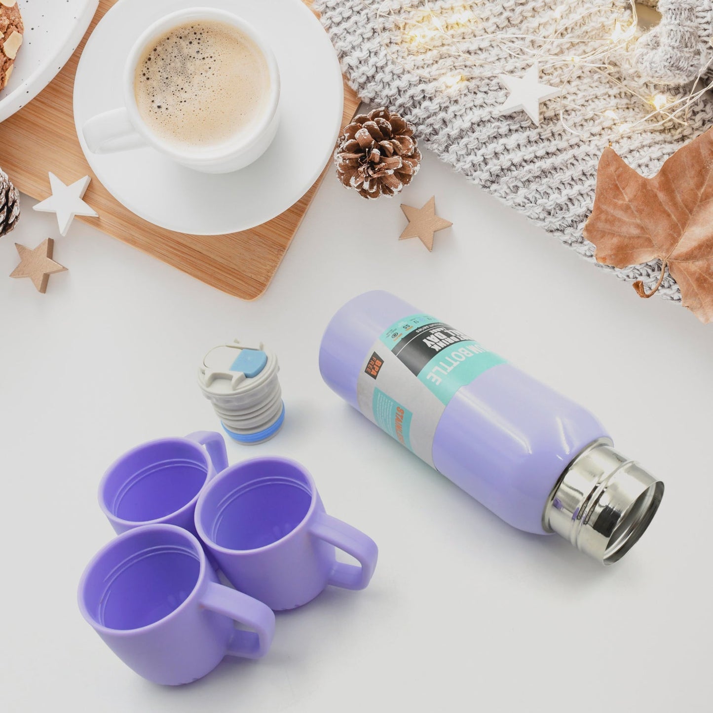 Vacuum Flask Set Stainless Steel Thermos With 3 Cup Creative Gift Set With Cover Handle Portable Car Water Bottle Set (Approx 500ml)