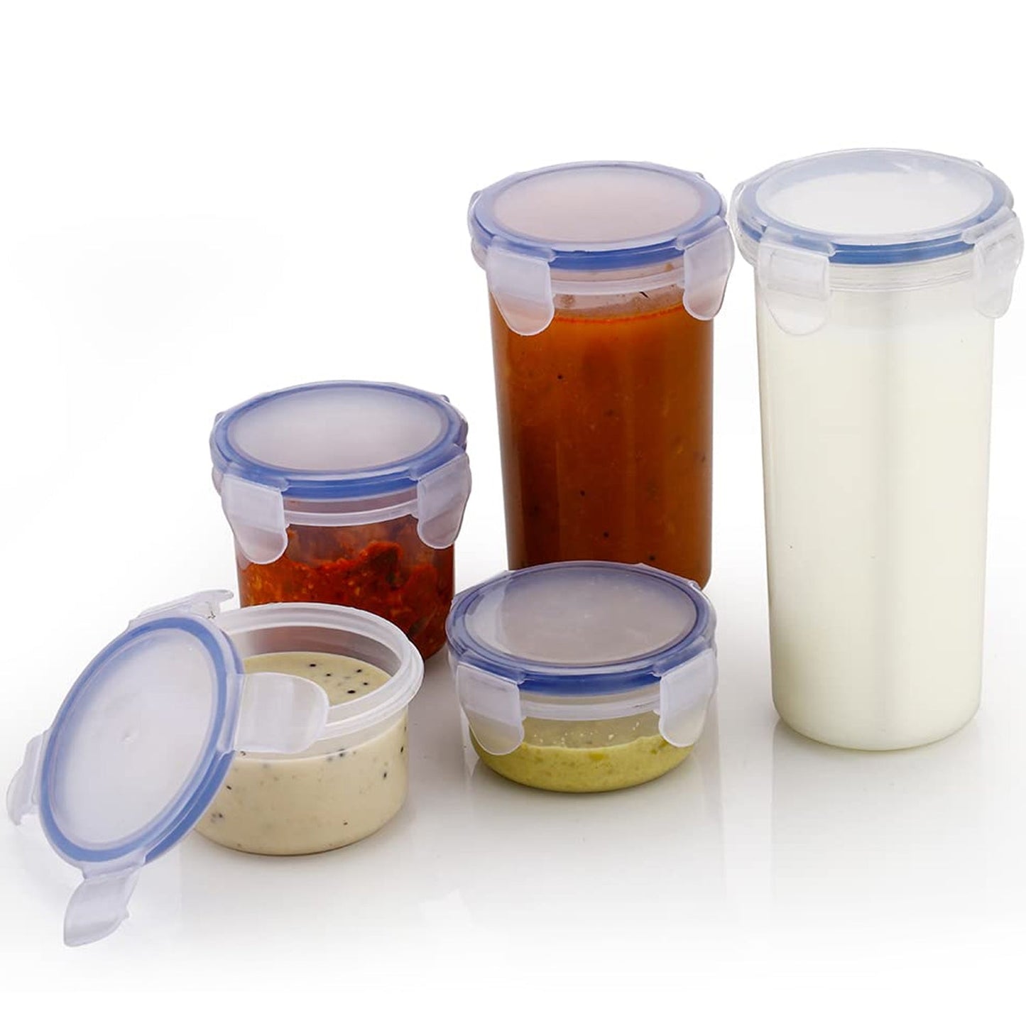 Plastic Liquid Round Airtight Food Storage Container with Leak Proof Locking Lid BPA Free Container for Kitchen, 5 Pcs Set (Transparent,  ( Approx Capacity 110 ml,160 ml,210 ml,400 ml,500 ml)