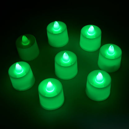 a GREEN FLAMELESS LED TEALIGHTS, SMOKELESS PLASTIC DECORATIVE CANDLES - LED TEA LIGHT CANDLE FOR HOME DECORATION (PACK OF 8)