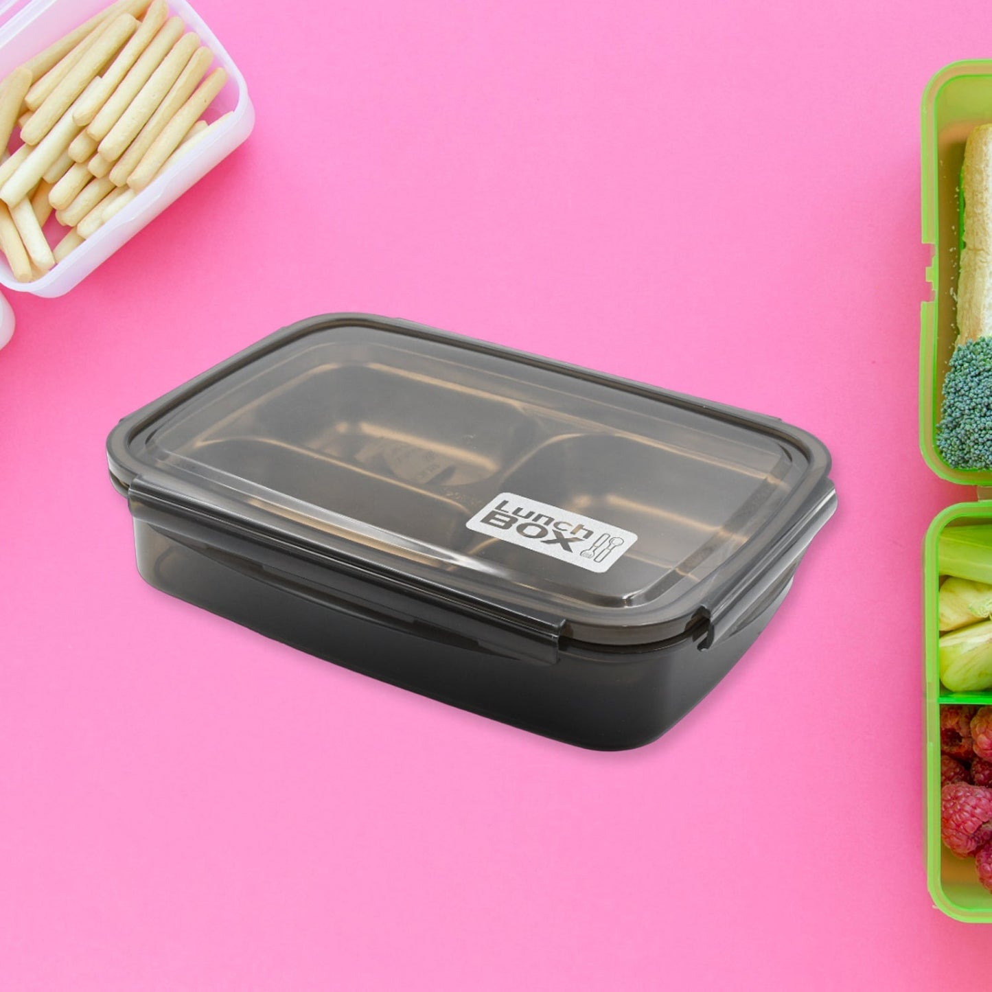 A Black Transparent 4 Compartment Lunch Box for Kids and adults, Stainless Steel Lunch Box with 4 Compartments For Office, Travel, School, Home