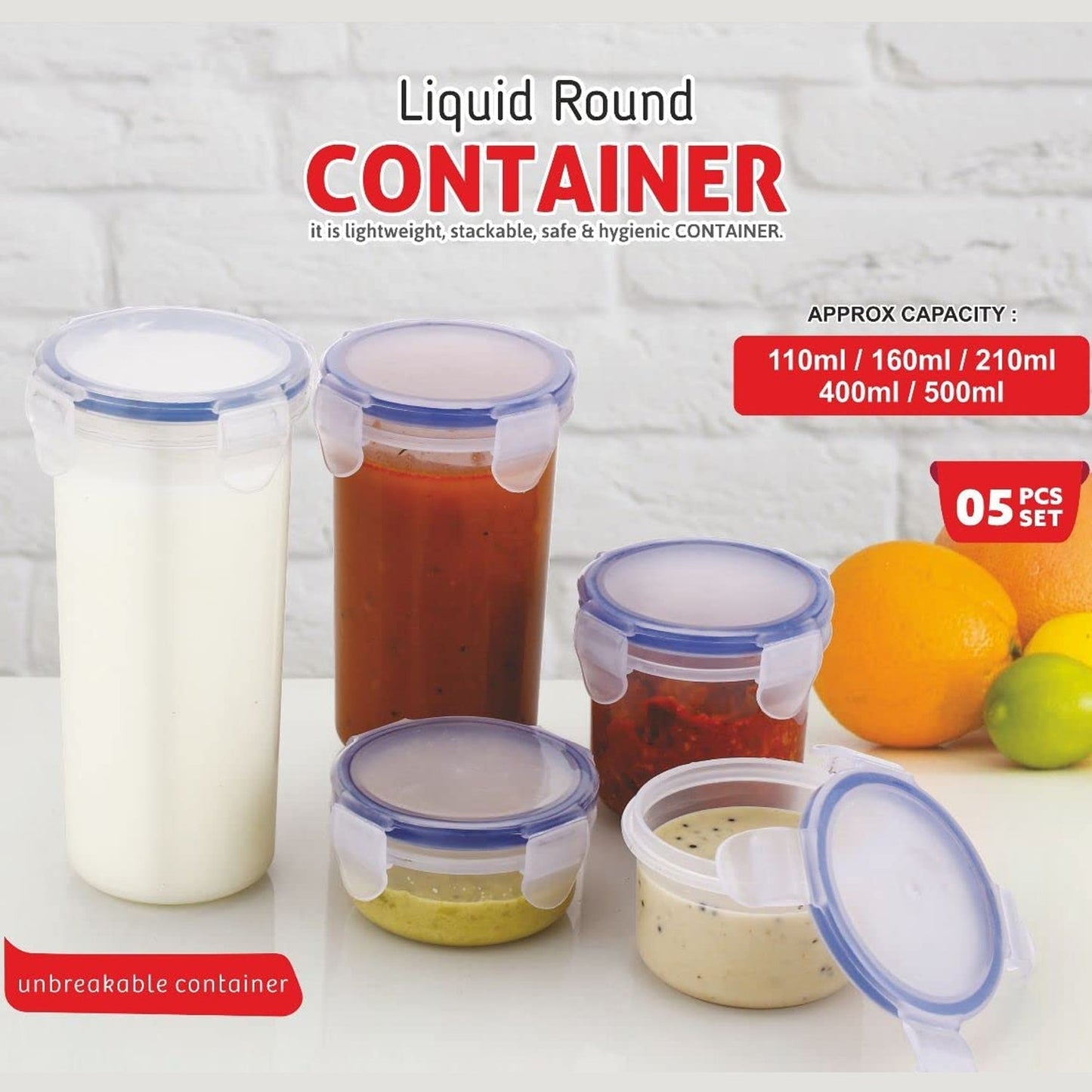 Plastic Liquid Round Airtight Food Storage Container with Leak Proof Locking Lid BPA Free Container for Kitchen, 5 Pcs Set (Transparent,  ( Approx Capacity 110 ml,160 ml,210 ml,400 ml,500 ml)