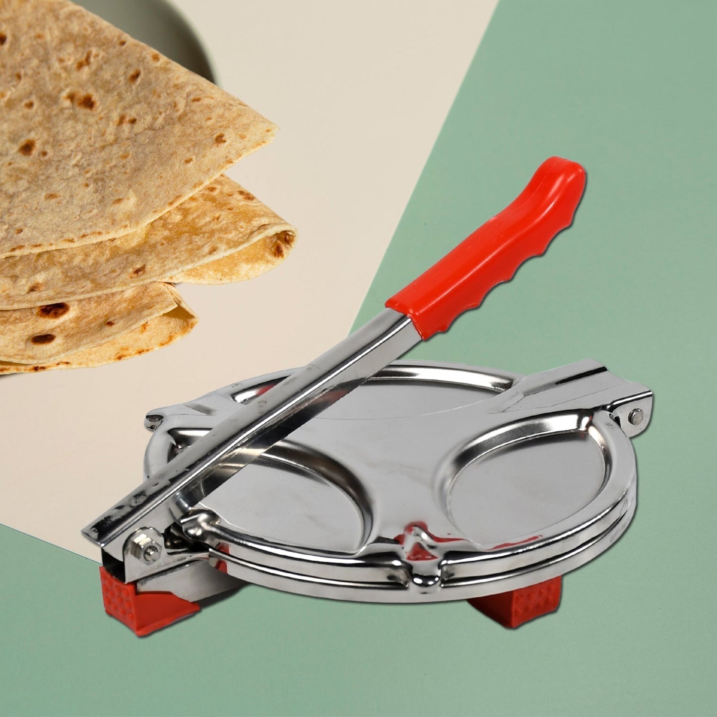 A PURI PRESS MAKER - STAINLESS STEEL PURI MAKER PRESS MACHINE - ROTI CHAPATI PRESSER FOR HOME - PAPAD-KHAKHRA- PURI MAKER PRESS MACHINE WITH HANDLE, MANUAL PURI MAKER (MEDIUM)