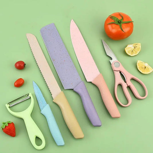 A Professional Colorful Kitchen Knives Set of 6 Pieces, Non-Stick Blades with High Carbon Stainless Steel, Sharp Kitchen Cutting Knives Set for Slicing, Paring and Cooking, Chef Kitchen Knives Set