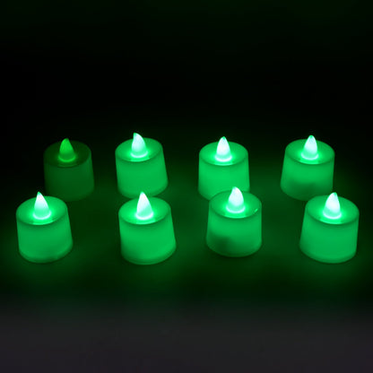 a GREEN FLAMELESS LED TEALIGHTS, SMOKELESS PLASTIC DECORATIVE CANDLES - LED TEA LIGHT CANDLE FOR HOME DECORATION (PACK OF 8)