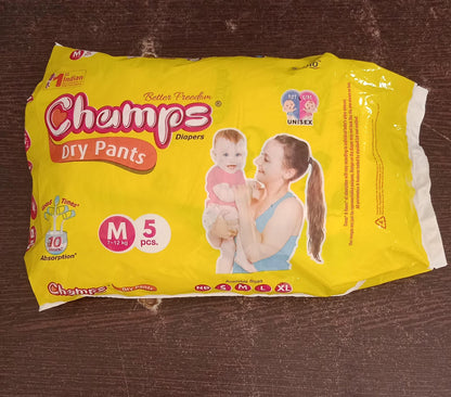 Medium Champs Dry Pants Style Diaper- Medium (5 pcs) Best for Travel  Absorption, Champs Baby Diapers, Champs Soft and Dry Baby Diaper Pants (M, 5 Pcs )