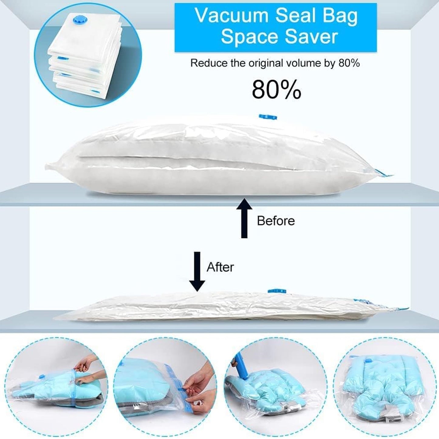 17826 Vacuum Storage Bags with Suction Pump & Shirt clips - Vacuum Bags - Big Capacity Vacuum Seal Bags for Travel Clothes Blankets Pillows, Compression Bags | Space Saver Vacuum Storage Bags (5 Pcs Set)