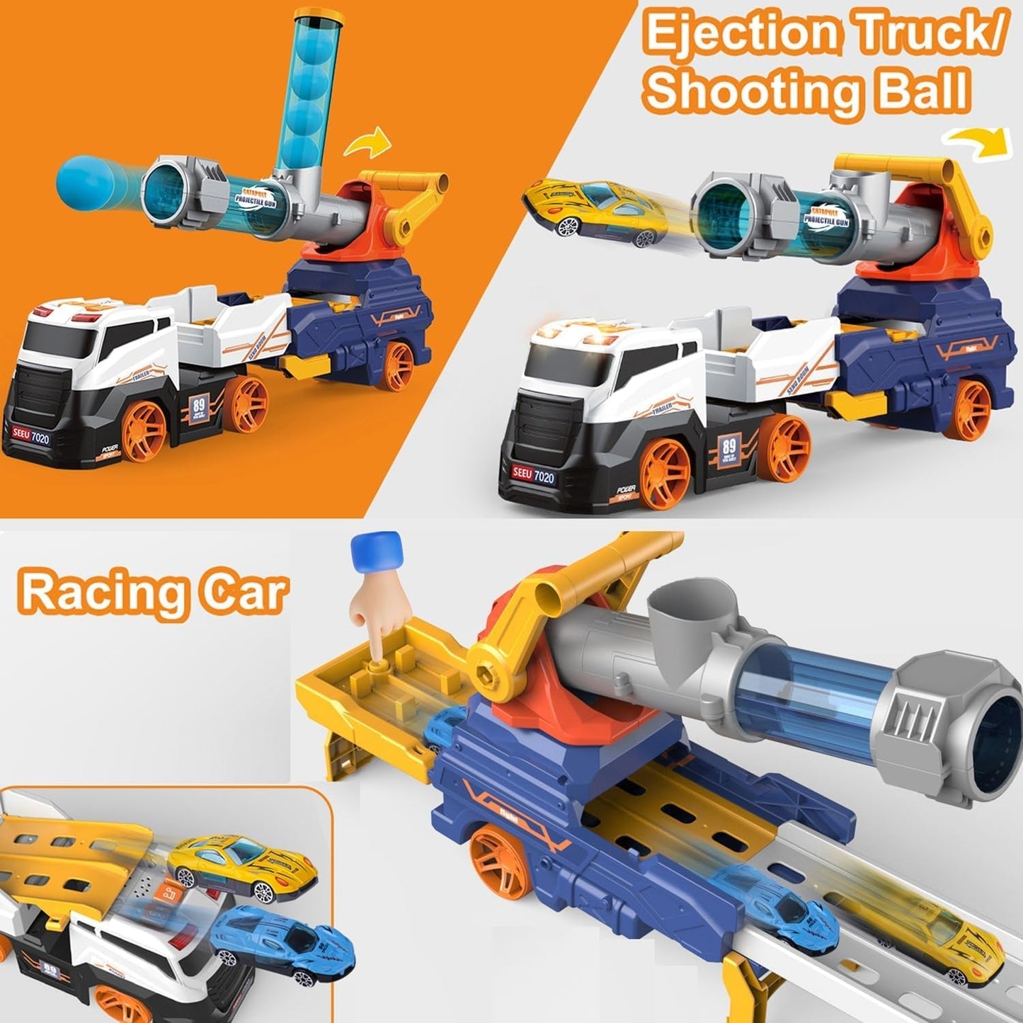 17931 Truck Toys for Kids, Large Truck Toys Include 2 Racing Cars+4 Ball, with Light & Sounds, Eejection & Shooting Transport Cars Toy, Gifts for Boys Girls (Battery Not Included)