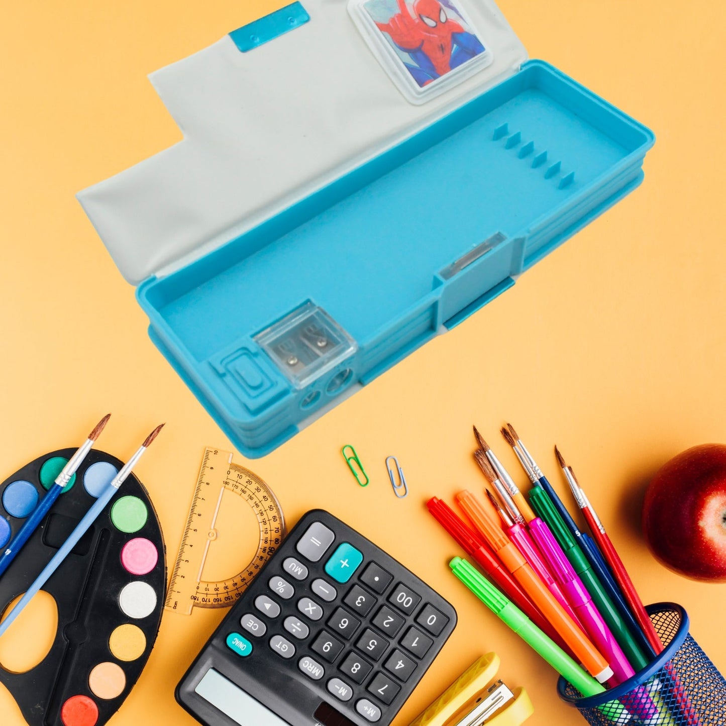 Art & Stationery Cartoon Multi-functional Geometry Box for Boys with Inbuilt Calculator, 2 Sides Open and Double Sharpener Stationery Kit Pencil Box for Boys Art Plastic Pencil Box  for Girls and Boys