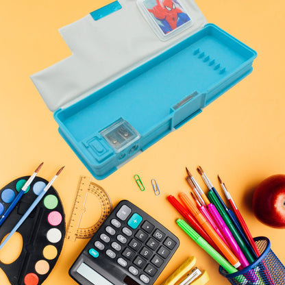 Art & Stationery Cartoon Multi-functional Geometry Box for Boys with Inbuilt Calculator, 2 Sides Open and Double Sharpener Stationery Kit Pencil Box for Boys Art Plastic Pencil Box  for Girls and Boys