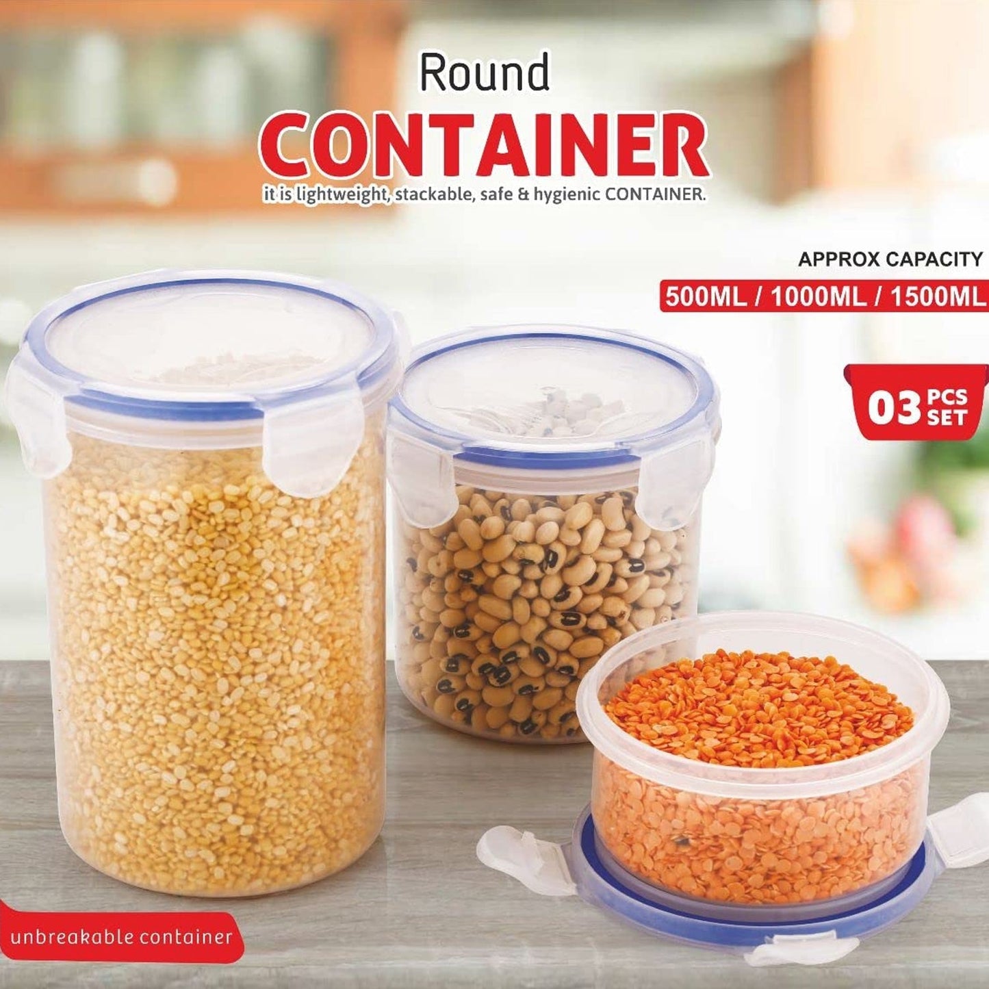 Round Plastic Airtight Food Storage Containers with Leak Proof Locking Lid Storage container set of 3( Approx Capacity 500ml,1000ml,1500ml, Transparent) - 3 Pc Set