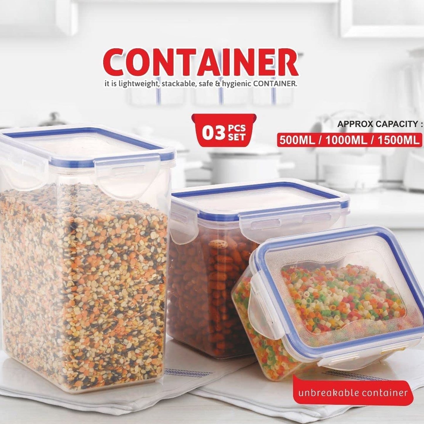 Rectangle ABS Airtight Food Storage Containers with Leak Proof Locking Lid Storage container set of 3 Pc (Approx Capacity 500ml,1000ml,1500ml, Transparent)