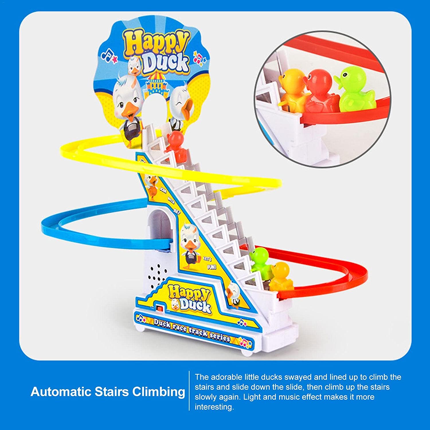 4480  Ducks Climb Stairs Toy Roller Coaster, Electric Duck Chasing Race Track Set, Fun Duck Stair Climbing Toy with Flashing Lights Music and 3 Ducks, Small Ducks Climbing Toys 