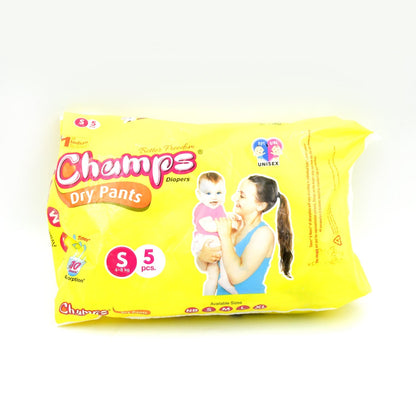 Small  Champs Dry Pants Style Diaper- Small Best for Travel  Absorption, Champs Baby Diapers, Champs Soft and Dry Baby Diaper Pants (S5 Pcs )