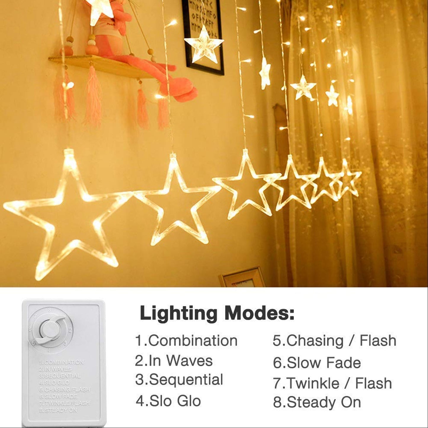 12 STARS CURTAIN STRING LIGHTS, WINDOW CURTAIN LIGHTS WITH 8 FLASHING MODES DECORATION FOR FESTIVALS