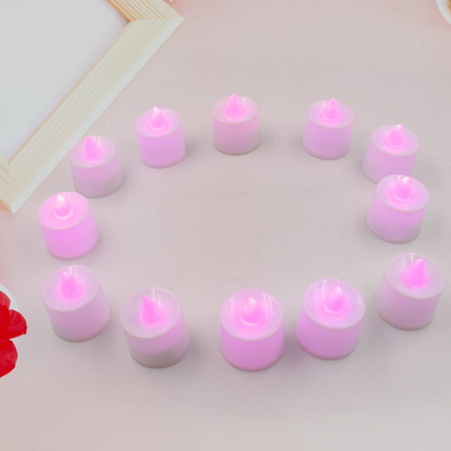 A Pink Flameless LED Tealights, Smokeless Plastic Decorative Candles - Led Tea Light Candle For Home Decoration (Pack Of 12pc) ( Diya , Divo , Diva , Deepak , Jyoti)