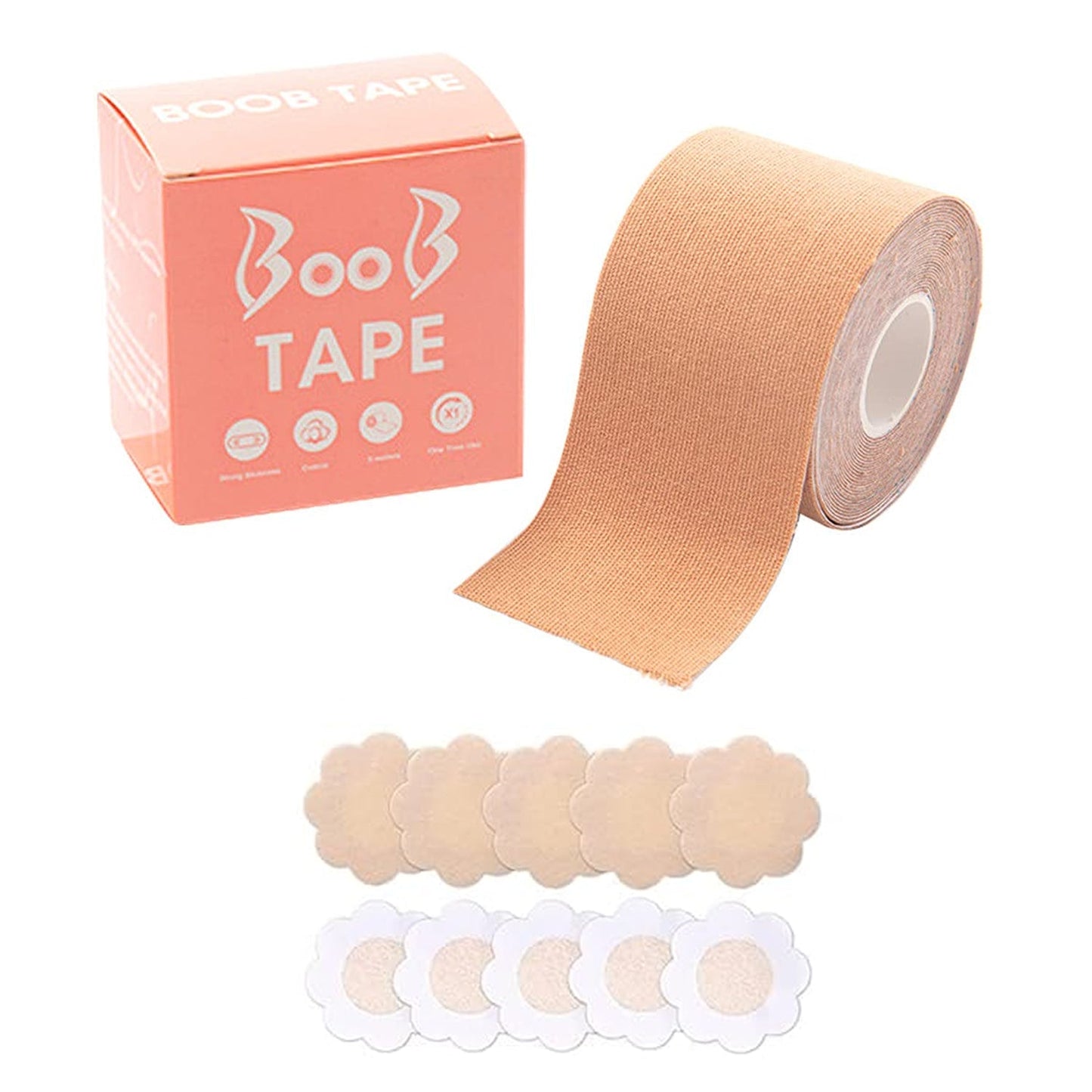 Boob Tape with 10 Pairs Nipple Cover Cotton Wide Thin Breast Tape - Women's & Girl's Breast Lift Booby Tape - Push Up & Lifting Tape - Suitable for All Breast Types - Breast Lift Bra Tape - Bob Tape for Natural Breast Lift (1 Pc 5 Meters)