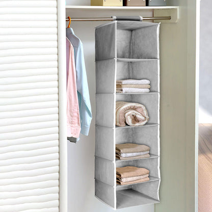 6370  6 Shelf Hanging Closet Organizer, Space Saver, Sweater & Clothing Shelves, Breathable Material Keeps Away Dust & Odors, 