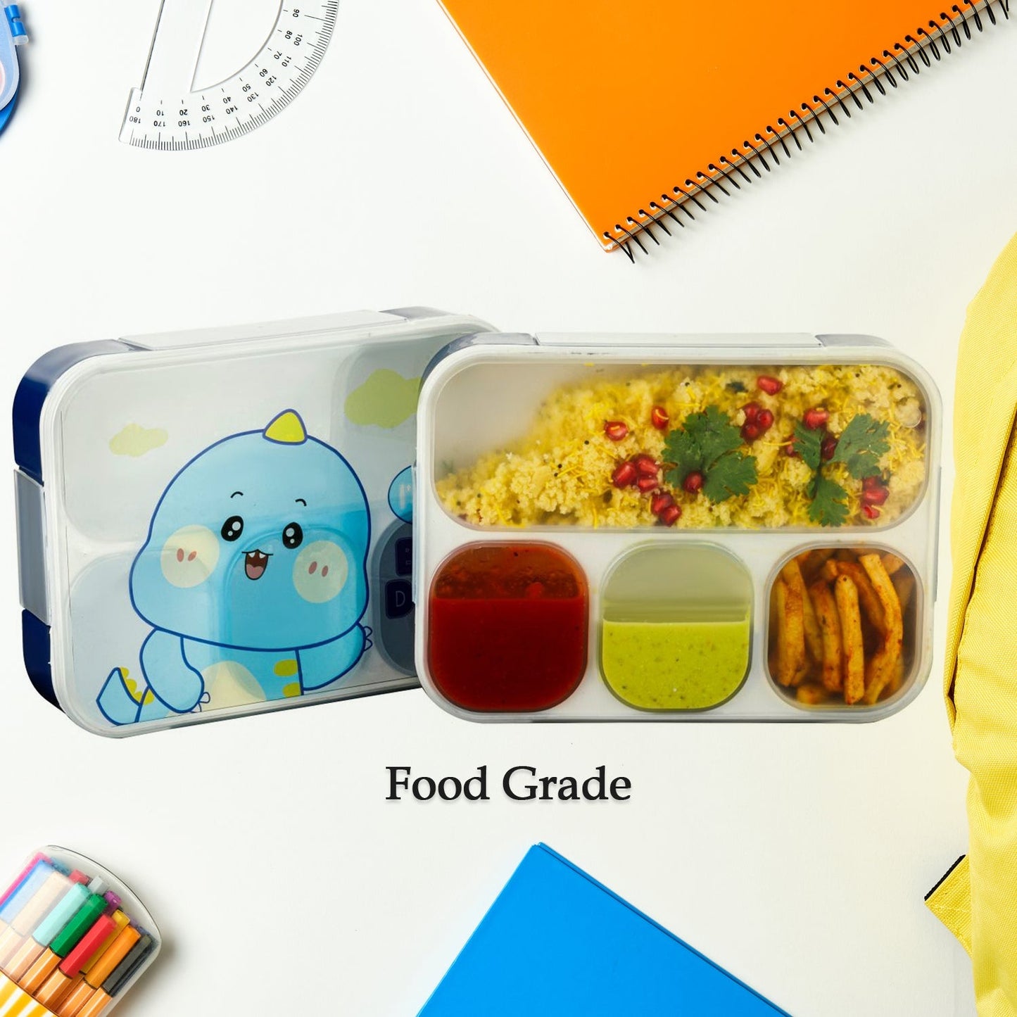 Cartoon Design Print 4 Compartment Plastic Lunch Box Air Tight Lunch Box for Office, Bento Box, Leak-Proof, Microwave & Dishwasher Safe, Plastic Lunch Box for School Child, Tiffin Box for Adults with Fork & Spoon