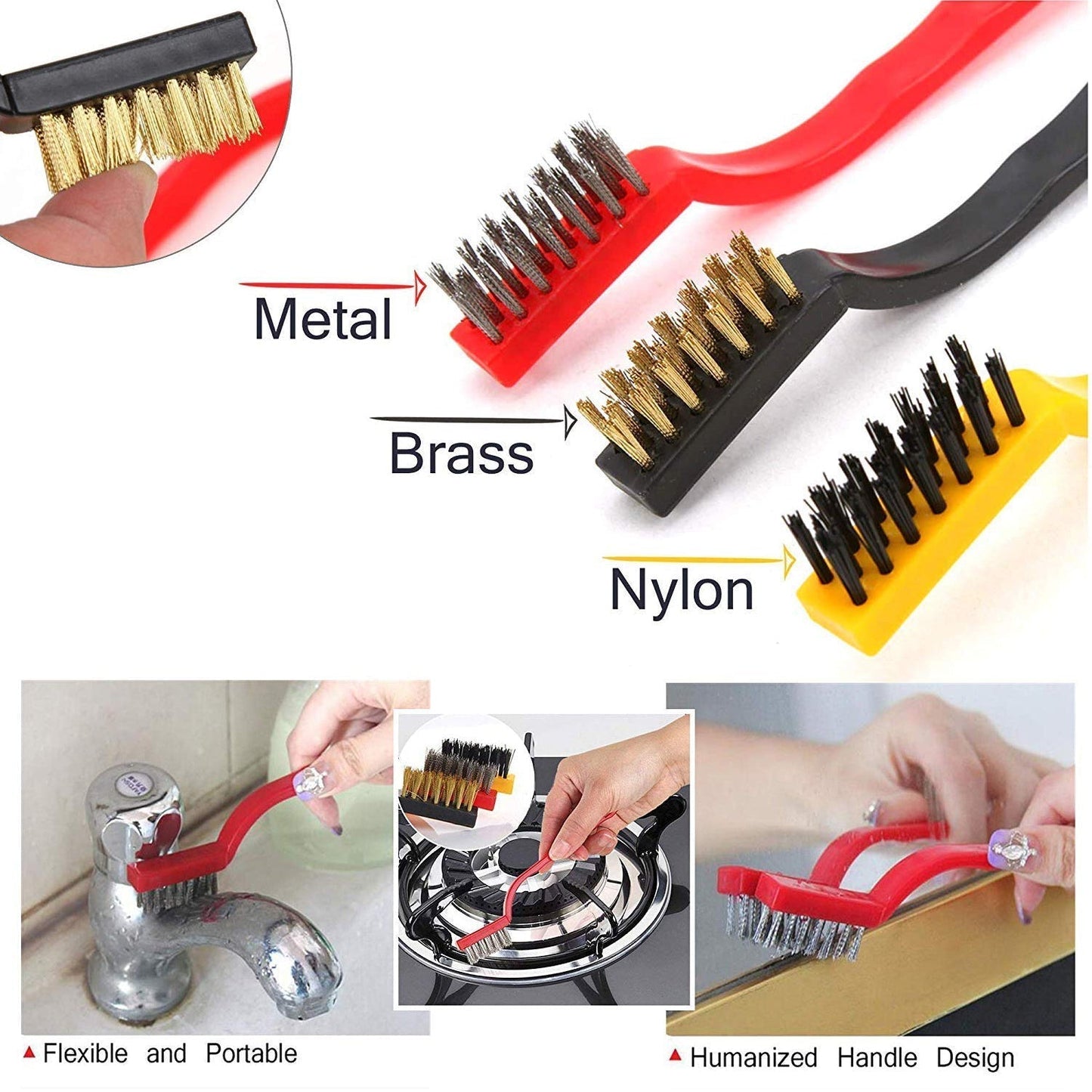 3pc  Mini Wire Brush Set Brass Nylon Stainless Steel Bristles Household Cleaning Brush for Gas Stove, Smoke Machine Tool Burner Tiles Tap Rust Removal Welding Slag Dirt & Paint Scrubbing.