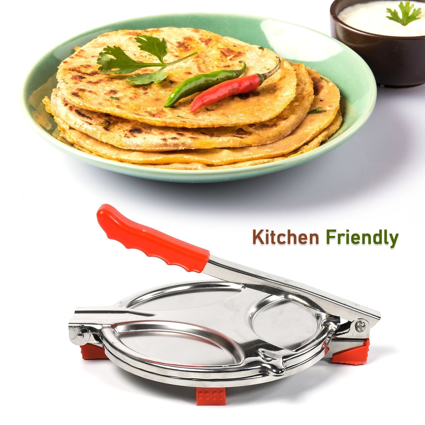 A PURI PRESS MAKER - STAINLESS STEEL PURI MAKER PRESS MACHINE - ROTI CHAPATI PRESSER FOR HOME - PAPAD-KHAKHRA- PURI MAKER PRESS MACHINE WITH HANDLE, MANUAL PURI MAKER (MEDIUM)