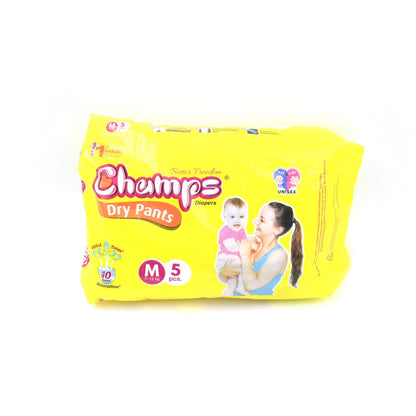 Medium Champs Dry Pants Style Diaper- Medium (5 pcs) Best for Travel  Absorption, Champs Baby Diapers, Champs Soft and Dry Baby Diaper Pants (M, 5 Pcs )