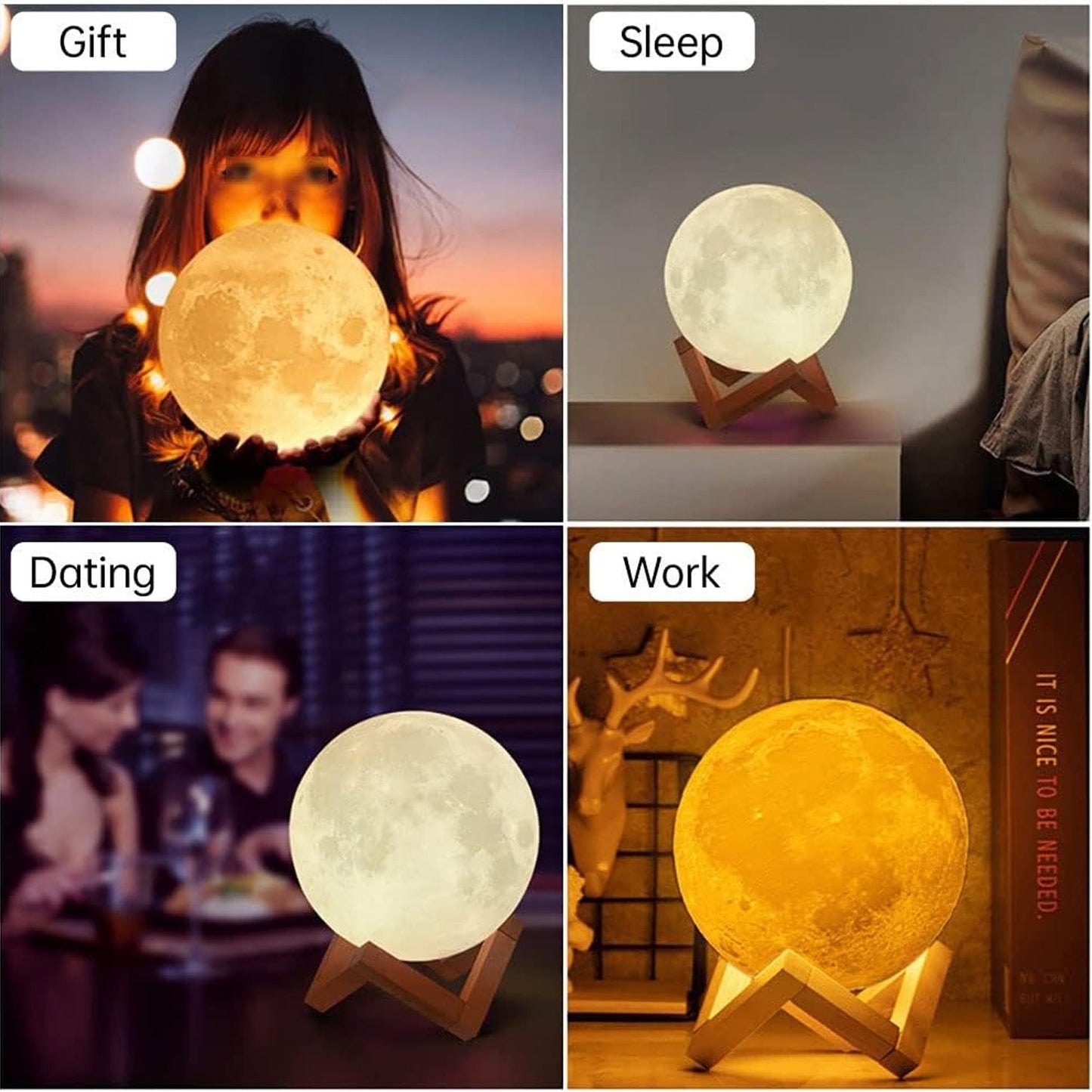 A Moon Lamp3D Printing LED Night Light Moon Light with Stand, Warm & Cool, USB Rechargeable for Kid Lover Birthday Day Gift