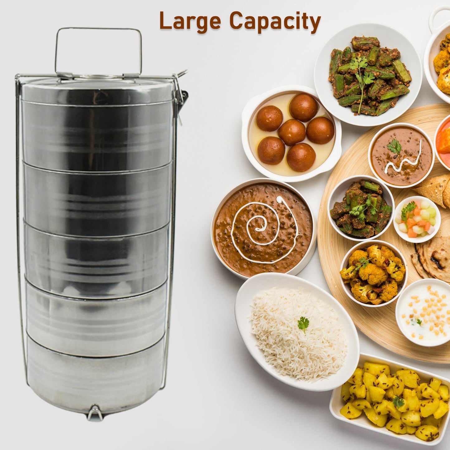 Big Size 5 Compartment Lunch Box Stainless Steel Round Tiffin Traditional Tiffin Box for Kids, College, Office Men and Women Meal Holder with Locking Clip 5 Containers (16x5 Inch)