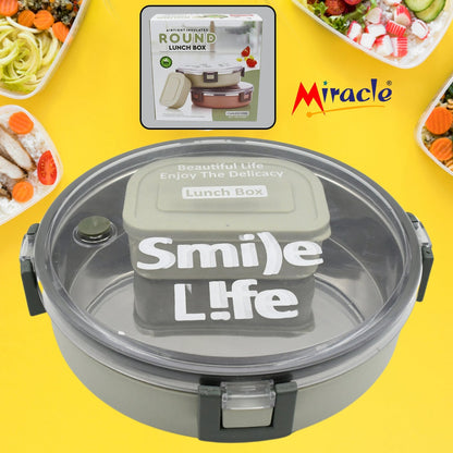 5584 Miracle Stainless Steel Round Lunch Box, with Small Plastic Box Insert Leak Proof Lunch Box with Transparent lid, Lunch Box for Kids & Adults for School, Office (450 ML + 250 ML Approx)