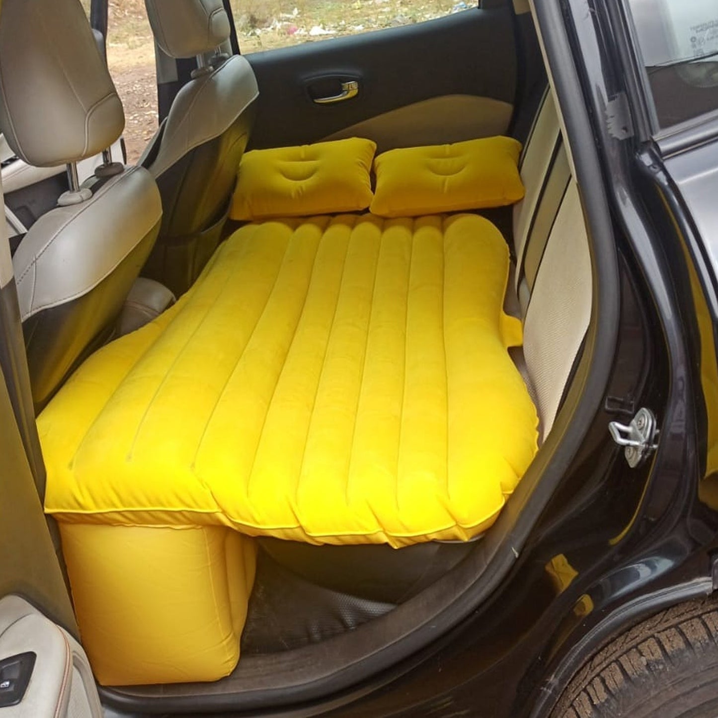 Car Inflatable Bed with 2 Pillows &  Air Pump (Portable) For Travel, Camping, Vacation | Polyester Inflatable Travel Car Bed Air Sofa with Two Inflatable Pillow and Air Pump for Car Back Seat, Air Pump Random Colour