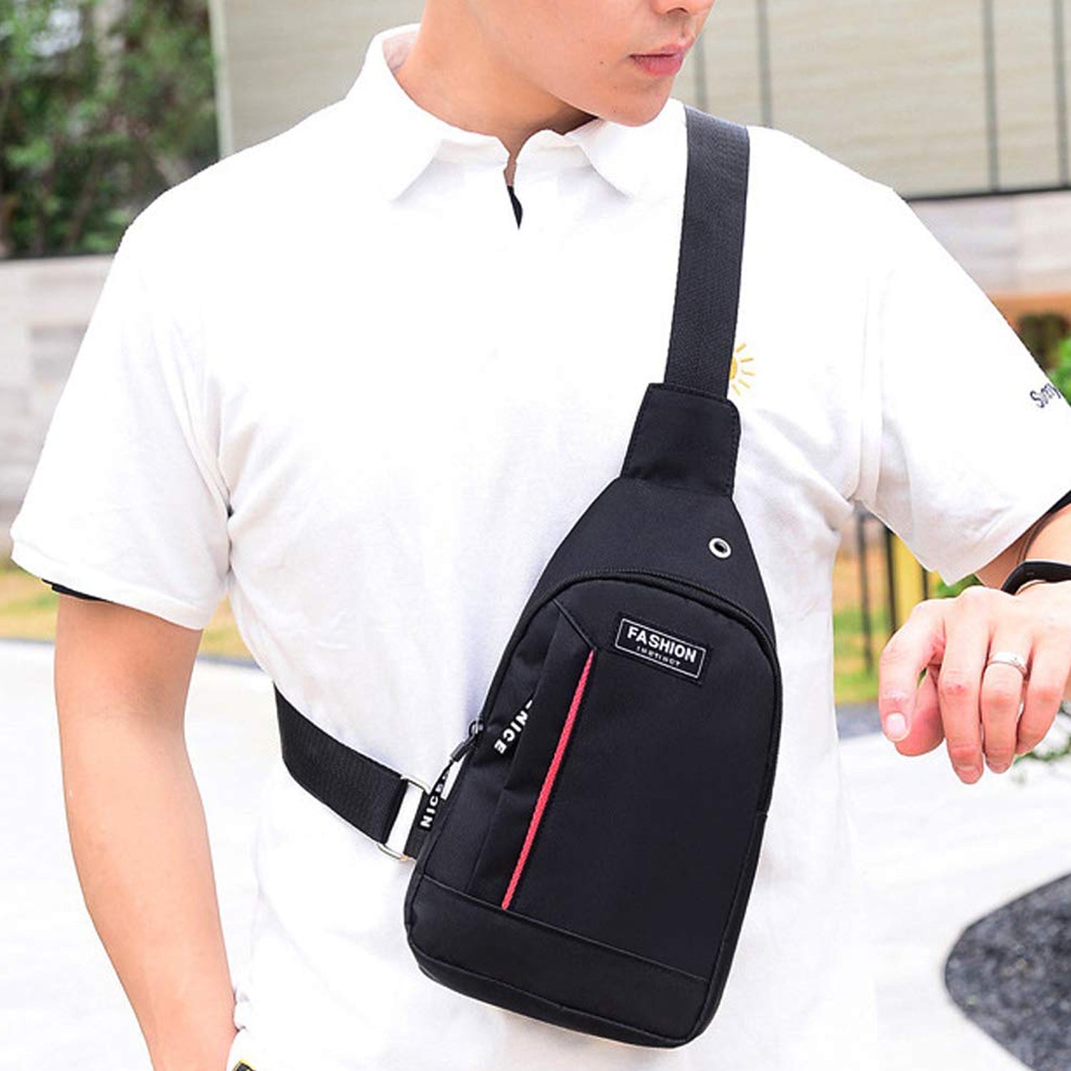 0322 Black Waterproof Anti Theft Crossbody fanny pack waist bag PU Leather Shoulder Bags Chest Men Casual fashion USB Charging earphone hook Sling Travel Messengers Bag 