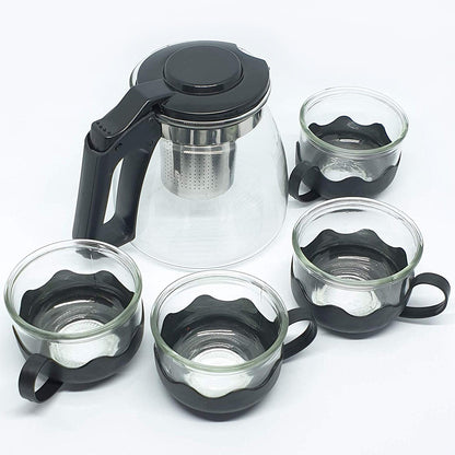 Flame Proof Glass Kettle & Cup  Set With Stainer High Quality Kettle Set For Home & Cafe Use  (4 Cup & 1 Kettle) (24 Pc Moq)