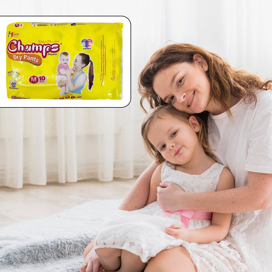 Medium Champs Dry Pants Style Diaper- Medium (10 pcs) Best for Travel  Absorption, Champs Baby Diapers, Champs Soft and Dry Baby Diaper Pants (M, 10 Pcs )