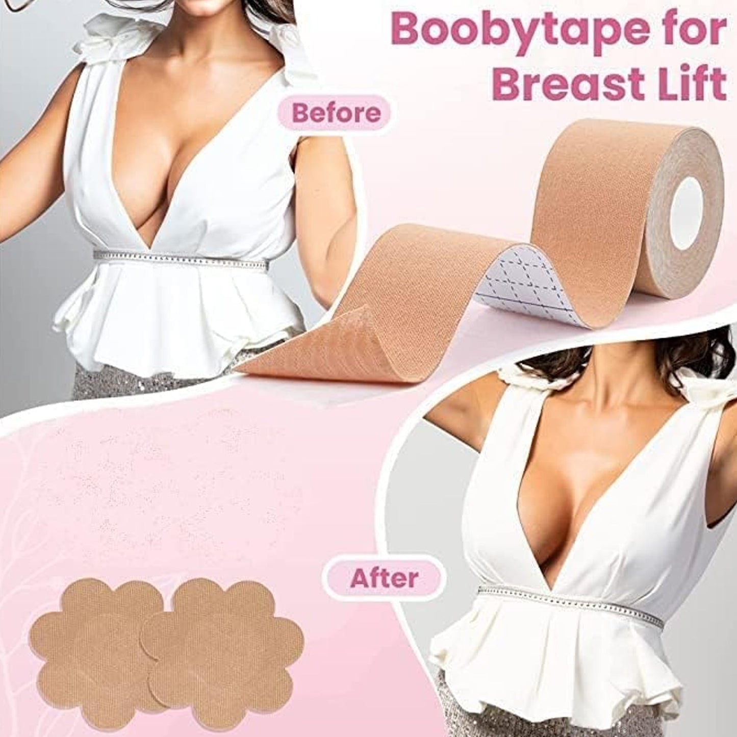 Boob Tape with 10 Pairs Nipple Cover Cotton Wide Thin Breast Tape - Women's & Girl's Breast Lift Booby Tape - Push Up & Lifting Tape - Suitable for All Breast Types - Breast Lift Bra Tape - Bob Tape for Natural Breast Lift (1 Pc 5 Meters)