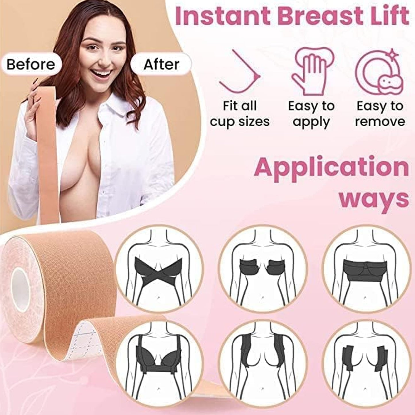 Boob Tape with 10 Pairs Nipple Cover Cotton Wide Thin Breast Tape - Women's & Girl's Breast Lift Booby Tape - Push Up & Lifting Tape - Suitable for All Breast Types - Breast Lift Bra Tape - Bob Tape for Natural Breast Lift (1 Pc 5 Meters)