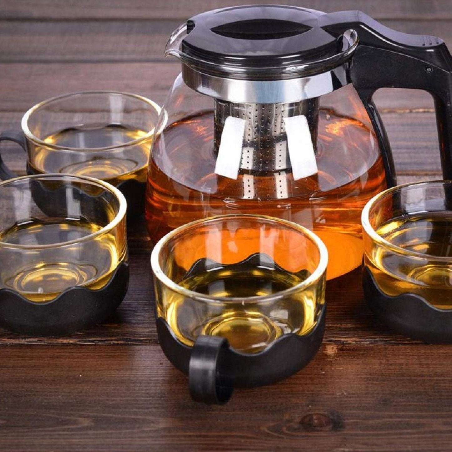 Flame Proof Glass Kettle & Cup  Set With Stainer High Quality Kettle Set For Home & Cafe Use  (4 Cup & 1 Kettle) (24 Pc Moq)