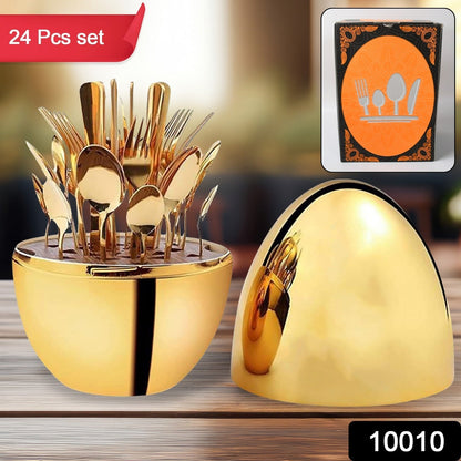 10010 Premium Cutlery Set 24 Pcs with Oval Shaped Stand | Beautiful Stylish Oval Designed Cutlery Sets, Egg-Shaped Luxury Spoon Holder Set  (Golden / 24 pcs set)