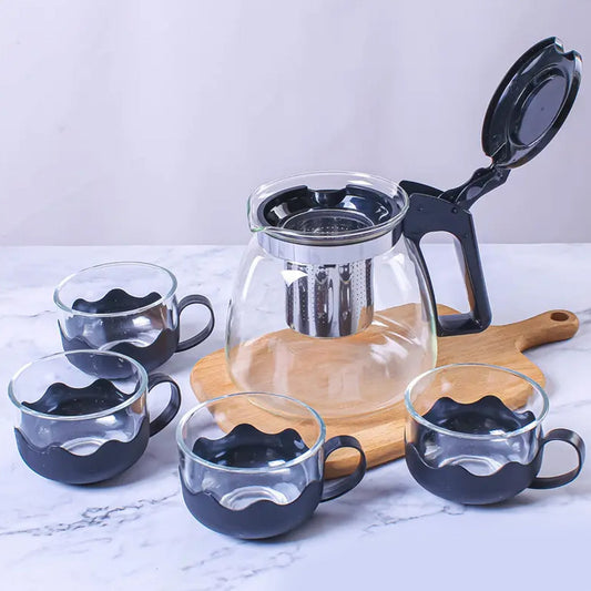 Flame Proof Glass Kettle & Cup  Set With Stainer High Quality Kettle Set For Home & Cafe Use  (4 Cup & 1 Kettle) (24 Pc Moq)