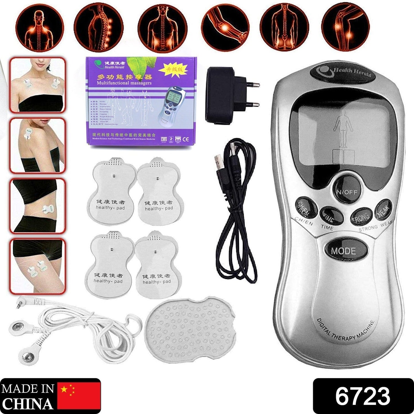 Multifunctional Massager, Health Care Digital Chinese Meridian Tens Therapy Massager Relax Body Muscle Accupuncture Machine 4 Electrode Pads & Charger Adapter and Cable,  Physiotherapy, Electric Digital Therapy neck back Mane Massage