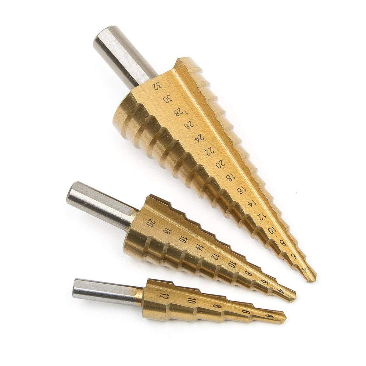 437 -3X Large HSS Steel Step Cone Drill Titanium Bit Set Hole Cutter (4-32, 4-20, 4-12mm) 