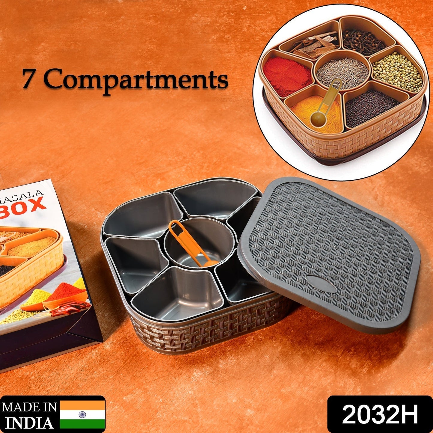 2032H Masala Box for Keeping Spices, Spice Box for Kitchen, Masala Container, Plastic Wooden Style, 7 Sections (Multi Color). 