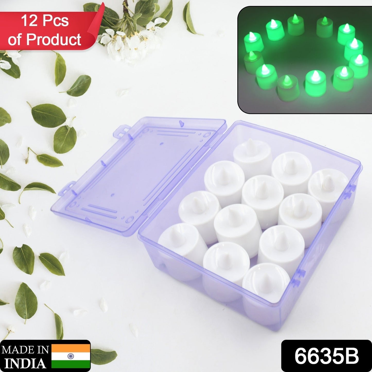 b GREEN FLAMELESS LED TEALIGHTS, SMOKELESS PLASTIC DECORATIVE CANDLES - LED TEA LIGHT CANDLE FOR HOME DECORATION (PACK OF 12)