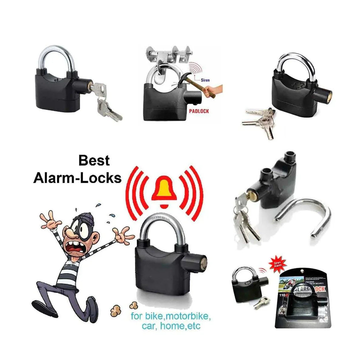 a Security Alarm Lock System | Waterproof Black Anti-theft Siren 110dba alarm anti Padlock FoR Bike | Door Window | Battery  padlock