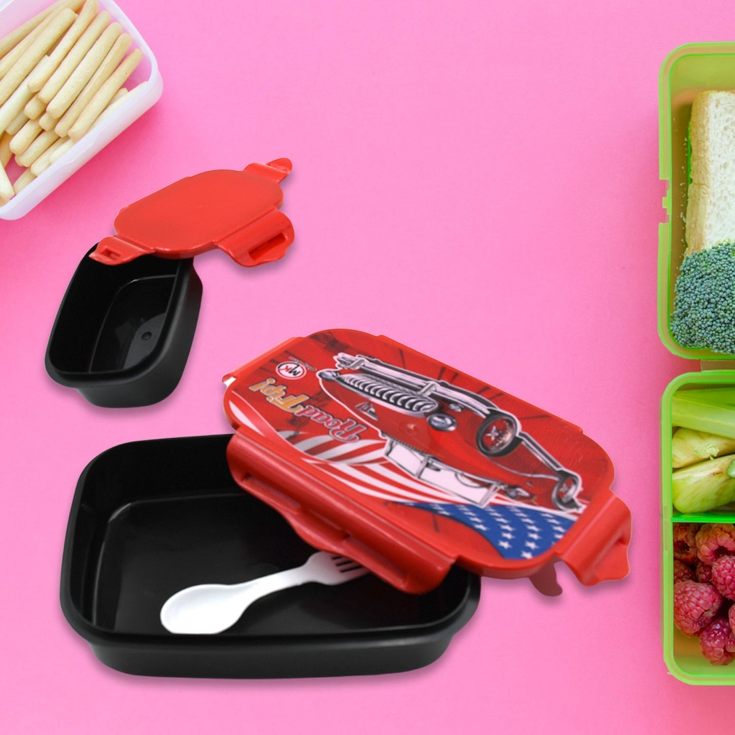 Beautiful Car Design Printed Plastic Lunch Box With Inside Small Box & Spoon for Kids, Air Tight Lunch Tiffin Box for Girls Boys, Food Container, Specially Designed for School Going Boys and Girls